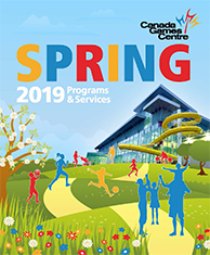 graphic for spring guide cover with blue sky, trees, flowers, active people