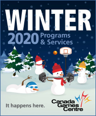 snowy winter 2020 guide cover with snowmen, trees, basketball net