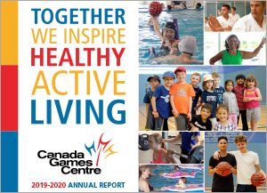 annual report cover with active photos, basketball kids, summer camp kids, karate, swimming, water polo and yoga pose