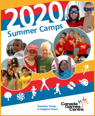 Summer camp guide cover, active kids. superhero kids, sport silhouettes