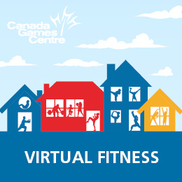 graphic with houses and active silhouettes for virtual fitness
