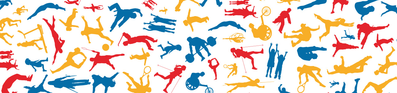 active silhouettes in blue, red and yellow