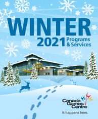 winter program guide cover with CGC building, snow covered trees, footprints, deer