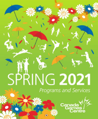 bright green spring guide cover with umbrellas, flowers and active silhouettes