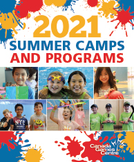 summer camp cover with red, blue and yellow splatters, laughing kids photos
