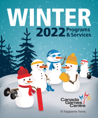 Winter 2022 program guide cover with active snowmen, hills, trees and snow