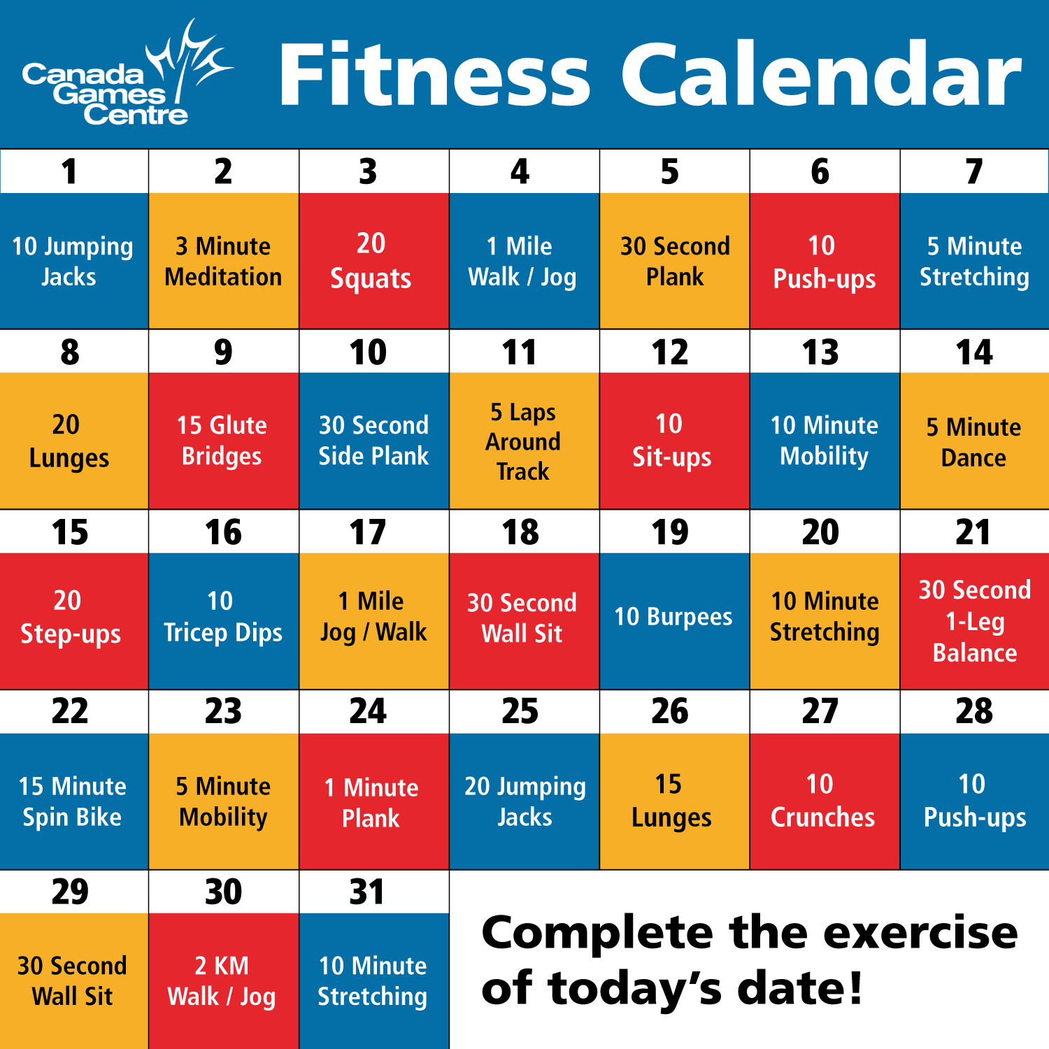 A Fitness Calendar showing exercises for every day of the week.